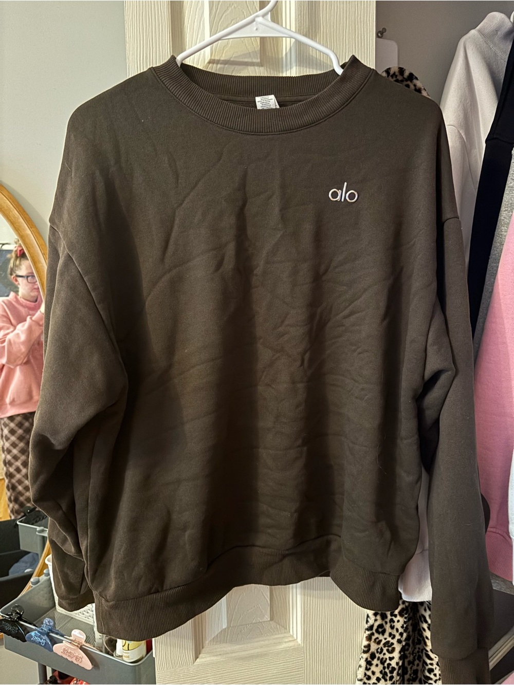 ALO Yoga Men's Crewneck Sweatshirt in Dark Brown with White Logo